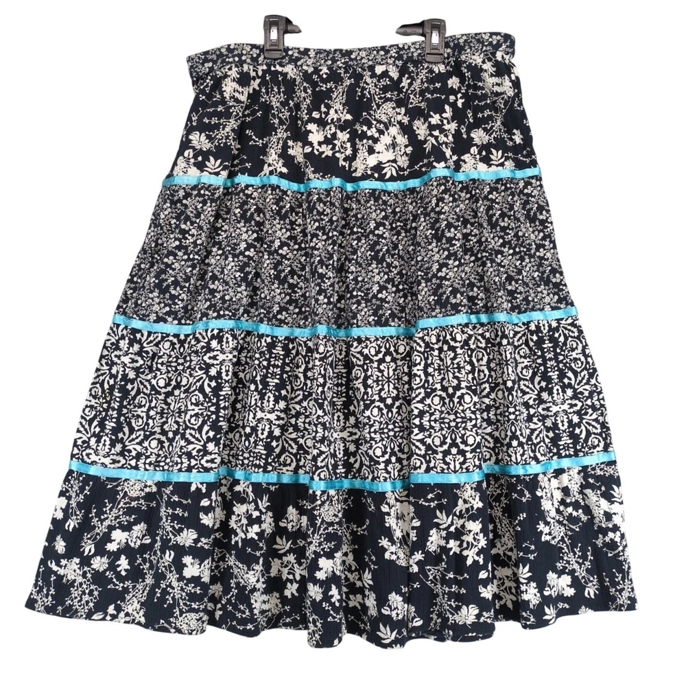 Notations Black White Floral Peasant Skirt Sz 1X Boho Cottagecore Tiered‎ A-Line